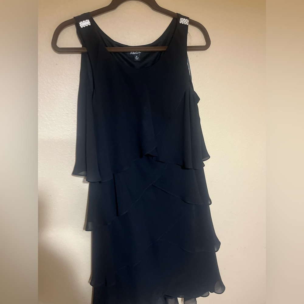 SLNY Black Tiered Chiffon Sleeveless Dress with Embellished Straps
